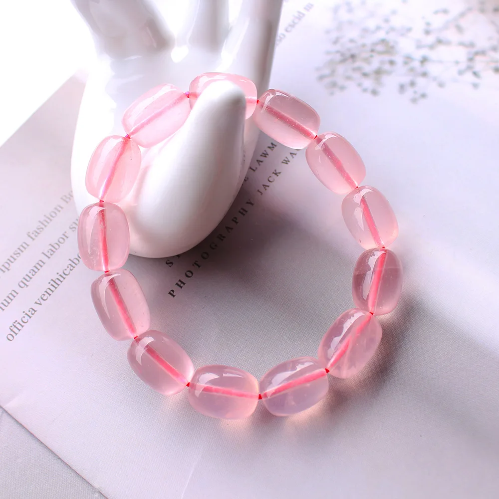 Natural Rose Quartz Pink Clear Beads Bracelet Stretch Rose Quartz 12x9mm Madagascar Woman Carved Lotus Round Beads AAAAA