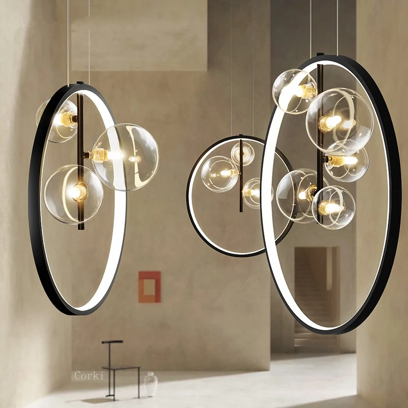 

Modern Suspension Round Ring Pendant Light Glass Ball Lampshades Black Dining Furniture Living Rroom Home Decoration Accessories