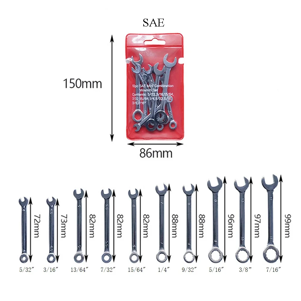 10 Pcs Mini Wrench Set Open End and Box End Standard Combination Wrench Spanner for Assembling Furniture Small Equipment