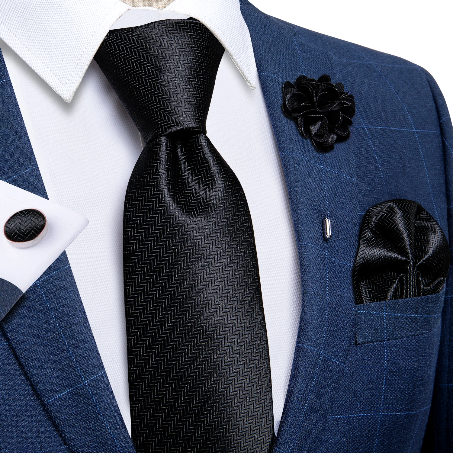 Blaue silberne Paisley-Krawatten für Herren, luxuriöses 8 cm breites Set mit Krawatte, Einstecktuch, Manschettenknöpfen, Brosche, Weihnachtsgeschenke für Männer – Detail 23