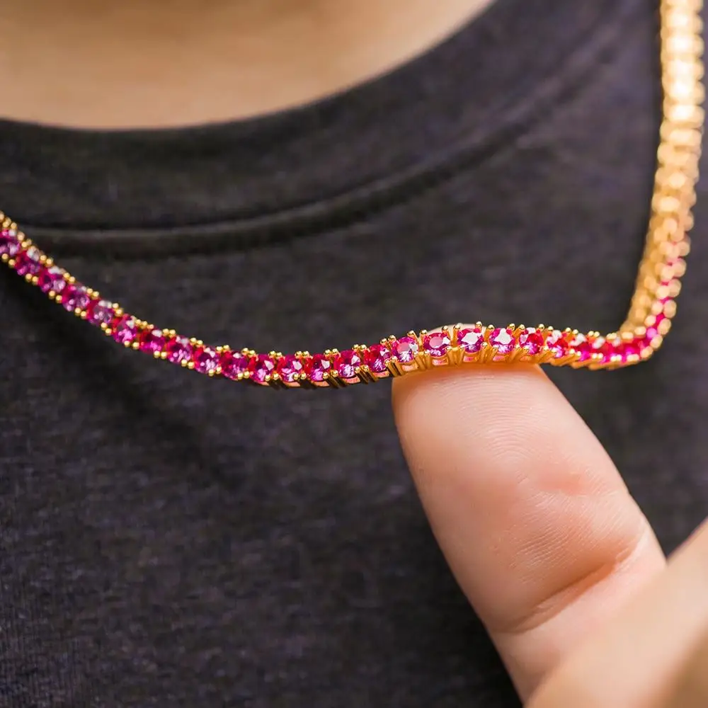 2024 Round Cut Iced Out 3MM Ruby Pink Cubic Zirconia CZ Tennis Chain HipHop Top Quality Gold Color Necklace Cool Men Boy Jewelry