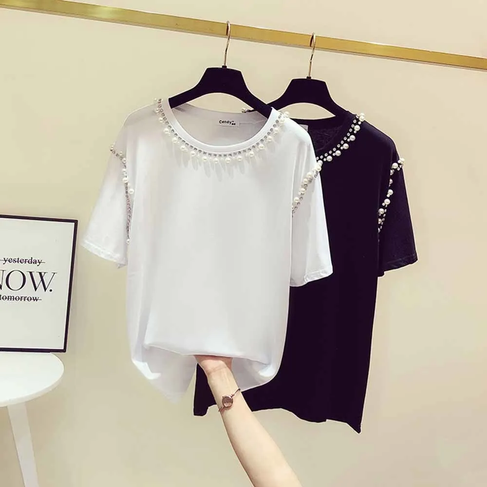 Pearls beading O-neck cotton short sleeve t shirt women elegant white tee shirt femme Korean modis tops 2022 new summer tshirt