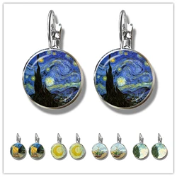 Fashion Van Gogh Art Starry Night Sunflower Earrings 16mm Glass Cabochon Silver-Plated Stud Earrings Jewelry For Women Girls