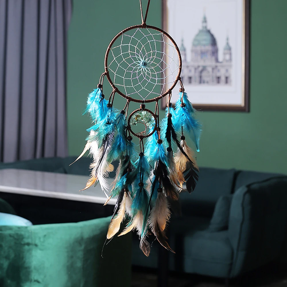 Łapacz snów drzewo życia z piórami indianie styl kryształowy kamień dom wiszący Ornament do sypialni akademik Handmade prezent 60cm
