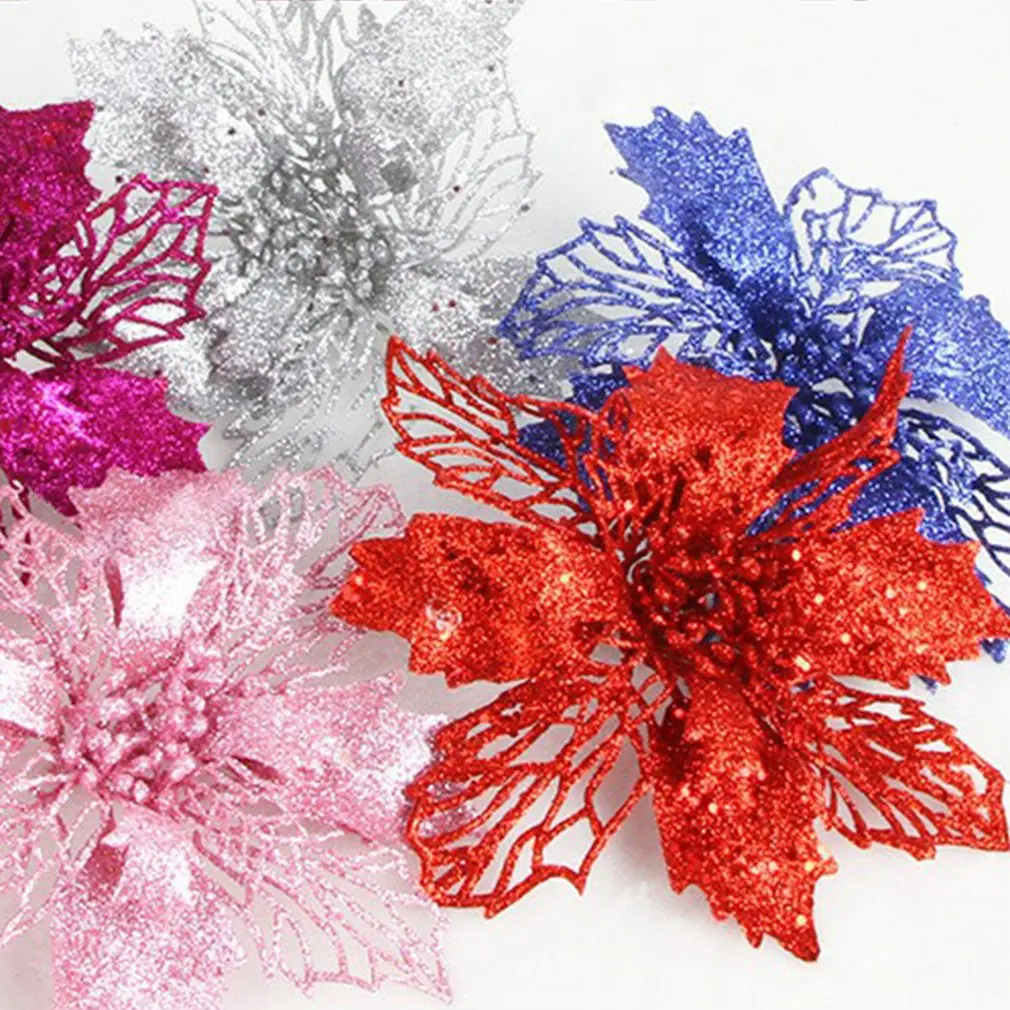 Conjunto de 6 piezas de adornos de flores huecas de Navidad, accesorios florales de purpurina, Corona de Navidad, decoraciones de árbol para fiesta, hogar y boda
