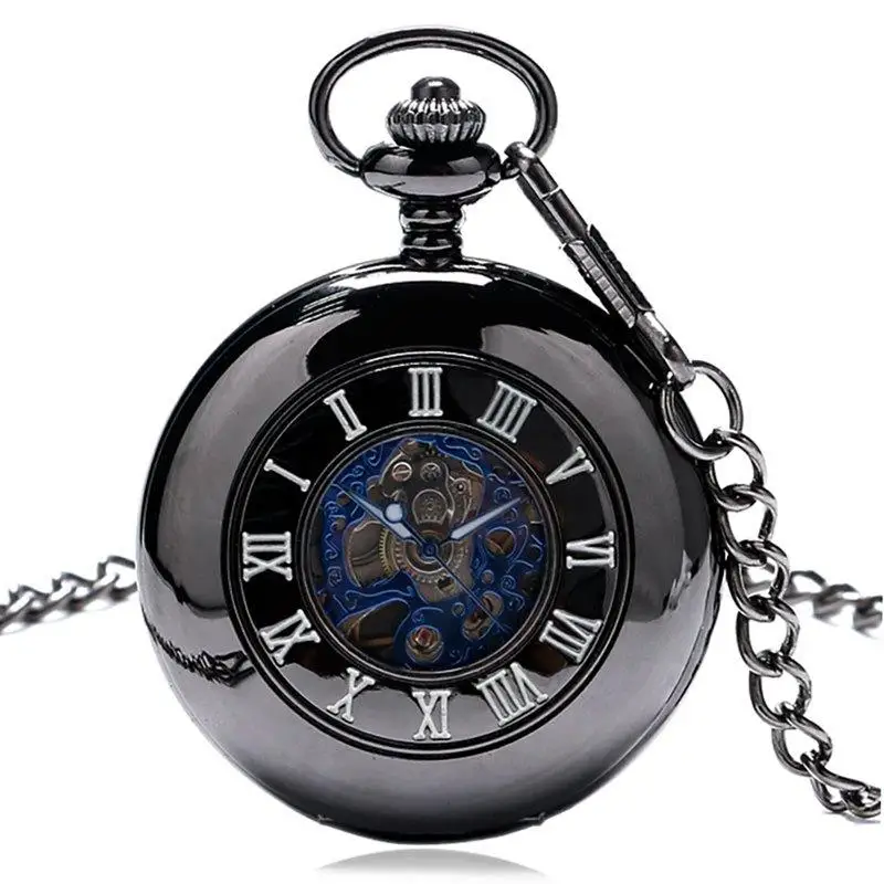 Retro Hollow Case Pocket Watch Men Women Hand-winding Mechanical Clock Roman Numerals Display Pendant FOB Chain Relgio de bolso