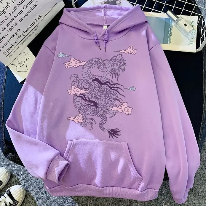 Harajuku And Vintage New Candy Color Sweatshirt, Purple Dragon Cloud, Printed Pattern, Versatile Personality Hooded Hoodie