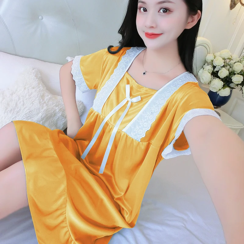 Peter Pan Collar Women Satin Nightgown Sexy Lace Sleepwear Strap New Ladies Silk Nightwear Sleep Wear Night Gown Lingerie Dress