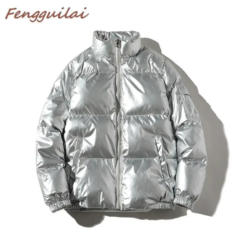 

FENGGUILAI PU Leather Parkas Women Man Fashion Faux Silver Leather Coats Women Elegant Zipper Cotton Black Jackets Female Ladies