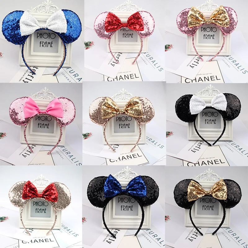 Hairs Bows Red Green Minnie Mouse Ears Headband Festival DIY Accessories Hairband Christmas Sequin Hair Bows Girls Women Gift