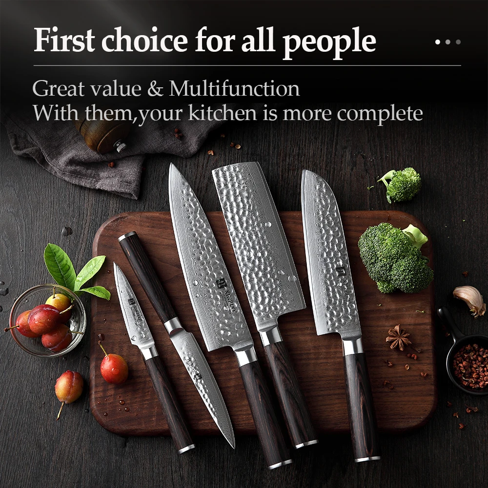 XINZUO 5PCS Kitchen Knife Set Damascus Steel Chef Knife Set Stainless Steel Utility Knife Pakkawood Handle Cutlery Slicer