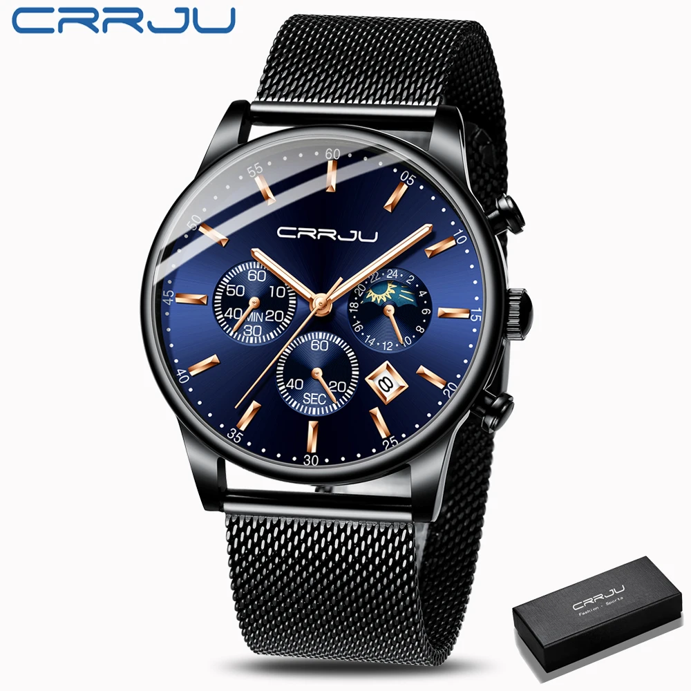 CRRJU Fashion Simple Design Waterproof Stainless Steel Mesh Small Dial Men Watches Top Brand luxury Quartz relogio masculino