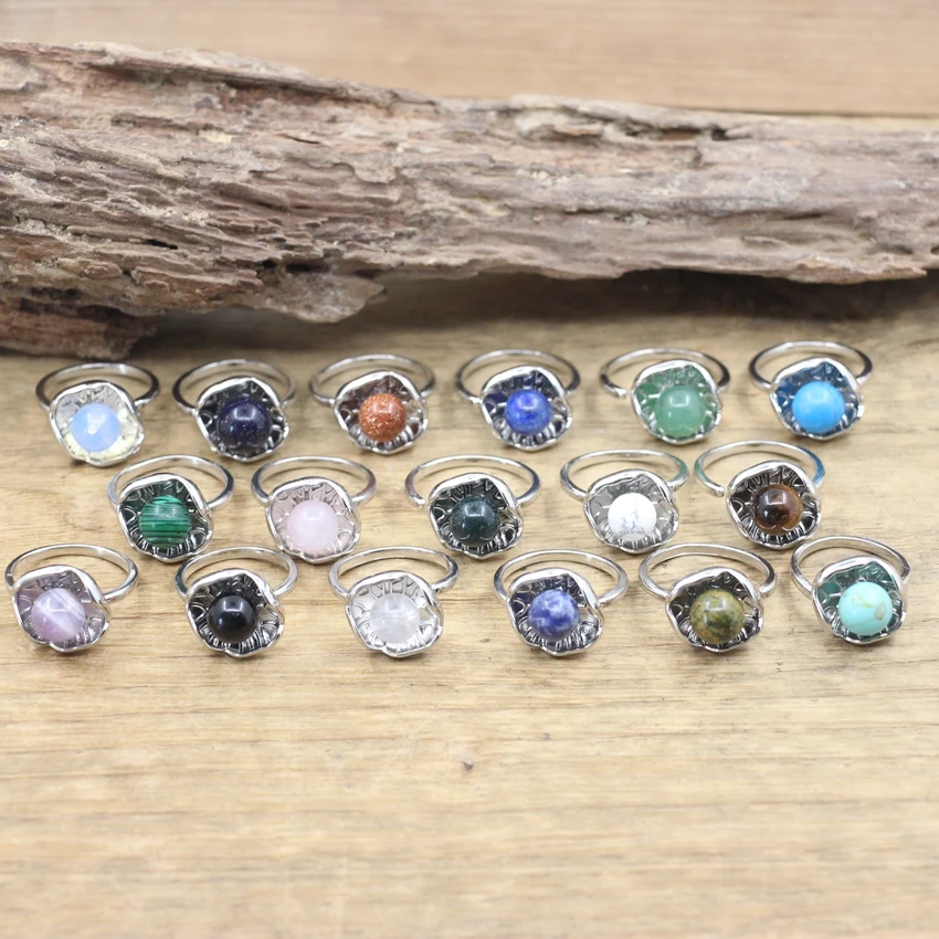 

Reiki Healing Crystal Round Bead Lotus Leaf Shape Open Rings Sodalite Opal Amethysts Lapis Adjustable Ring Women Jewelry,QC4119