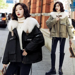 Korean Short Parka 2023 Fashion Winter Plus Velvet Warm Jackets Womens Cotton Coats Casual Loose Down Cotton Parkas Coat Outwear