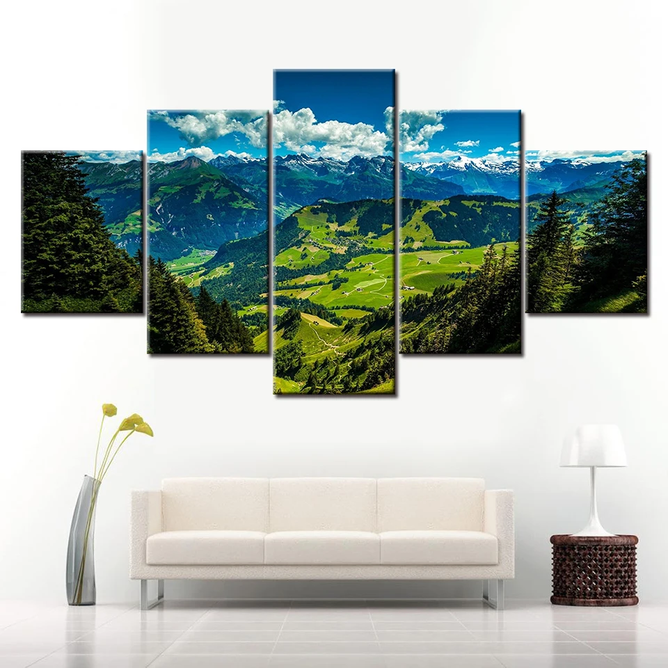 5 pieces HD Print Green Valley View Wallpaper posters on canvas Modular Wall Art Painting Poster for living room Home Decor