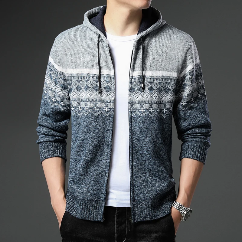 Knit Cardigan Men's Jacket Autumn Winter New Casual Trend Slim Fit Hooded Wool Fleece Warm Sweater Zipper Up Jumper Coat