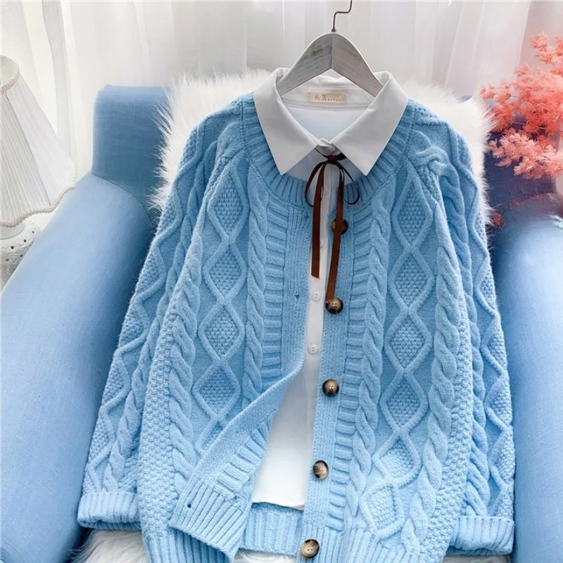 Autumn New Fashion Sweater Women Beige Blue Pink Yellow Knit Jacket Korean Loose O-Neck Long Sleeve Knitted Cardigan Tops Female