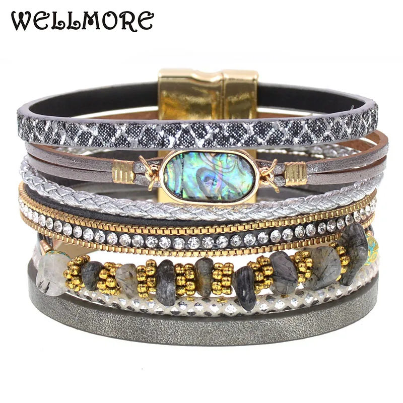 WELLMORE BOHO leather bracelets for women stone bracelets multilayer wide charm Bracelets & Bangles Female fashion Jewelry