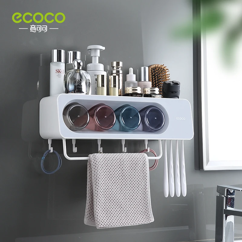 ECOCO Newest Wall Mount Toothbrush Cup Holder Multi-Functional Bathroom Accessories Organizer Rack with Towel Bar Hooks