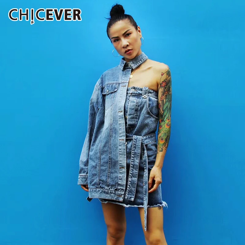 

CHICEVER Denim Dress For Women Lapel Long Sleeve Off Shoulder Asymmetric Hollow Out Lace Up Dresses Female 2021 Summer Style