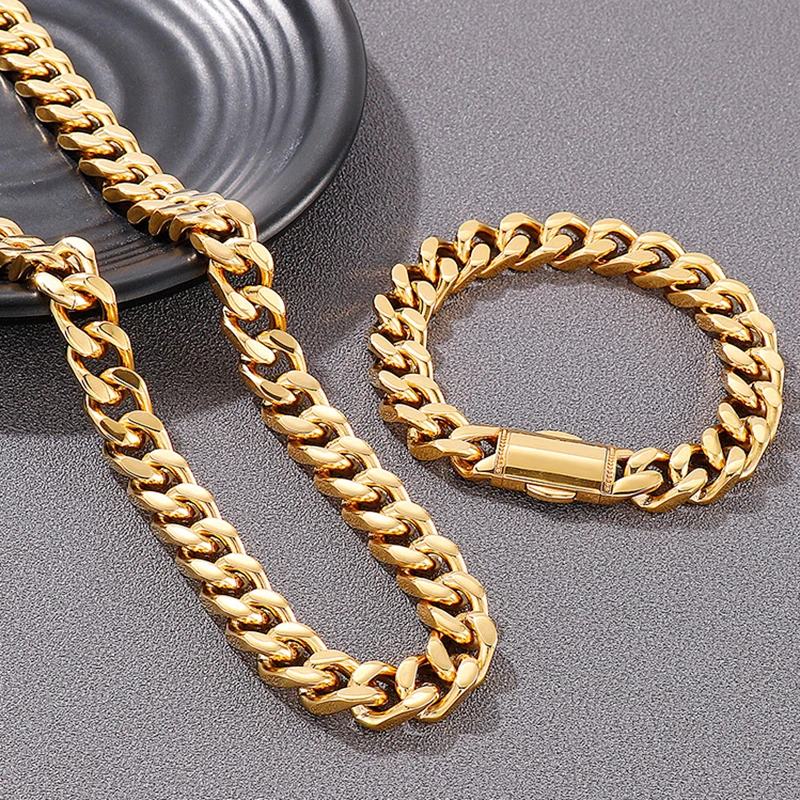 12mm Heavy Punk Gold Silver Color Curb Cuban Chain Necklace Bracelet Men Women Hiphop Stainless Steel Bike Biker Choker Jewelry