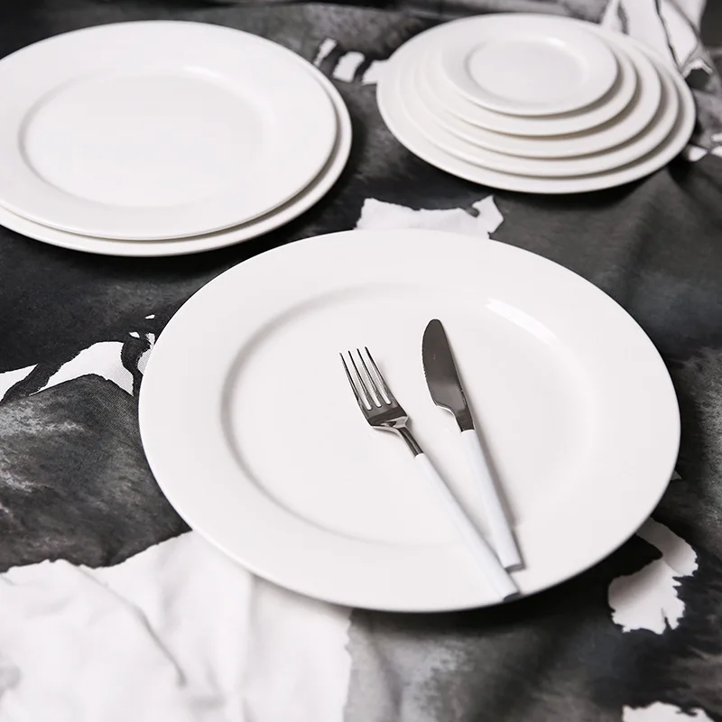 

Round White Ceramic Dinner Plates and Dishes, Nordic Solid Porcelain Steak Plate, Fruit Dish Saucer Brief Tableware