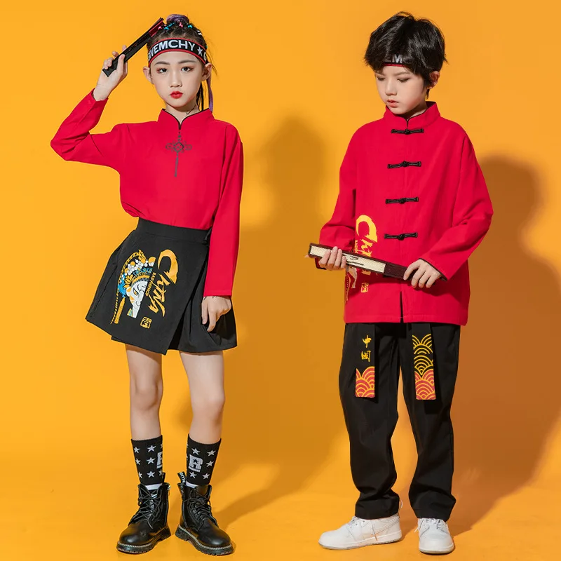 Hanfu chino tradicional de Año Nuevo, camisa blanca y roja, Top negro, pantalones, falda para niñas y niños, traje de actuación de baile de escenario, ropa