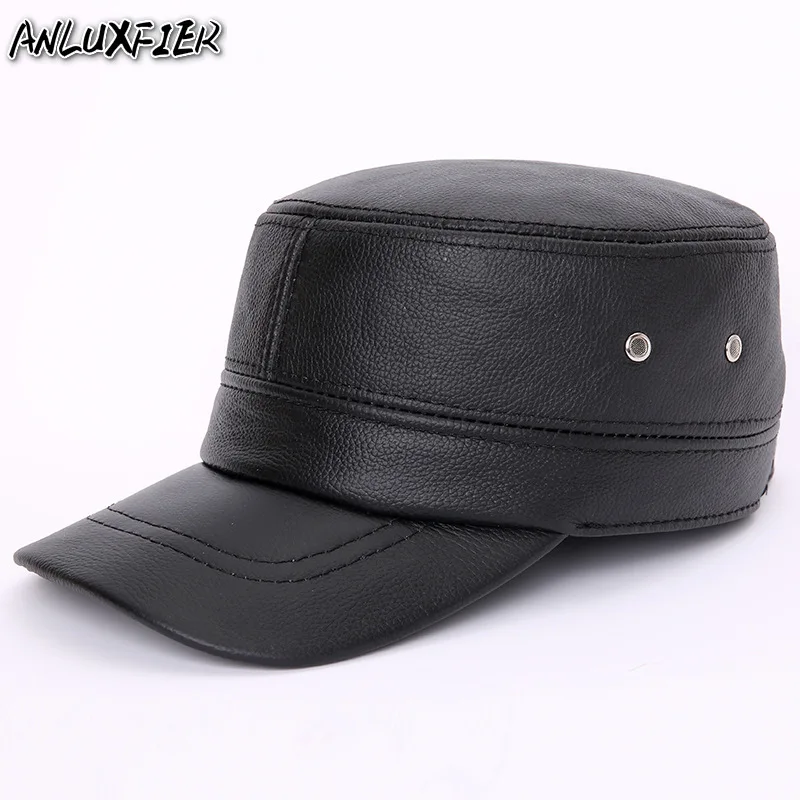 B-7285 Adult Genuine Leather Hat Baseball Cap Men's Warm Ear Protective Cowhide Cap Cow Leather Flat Top Hats Adjustable