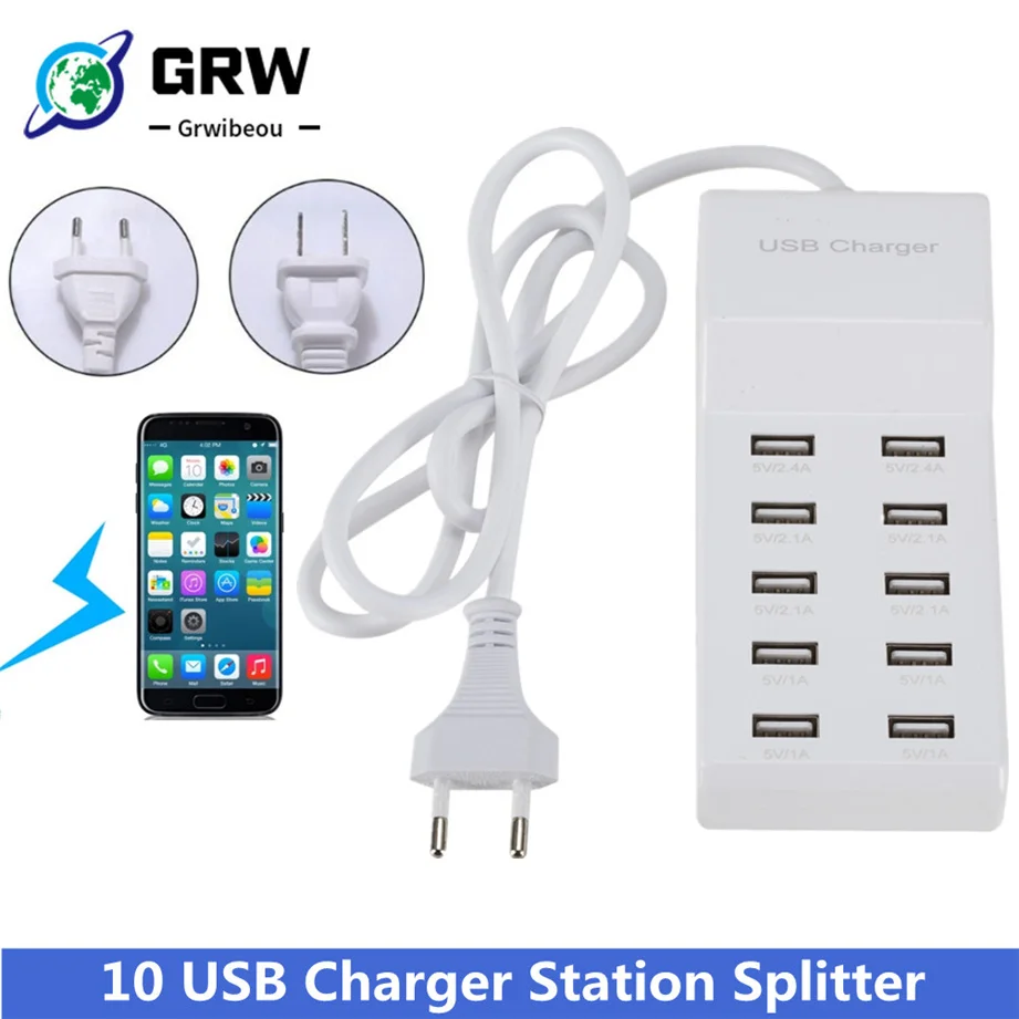 10 USB Charger Station Splitter 60W Mobile Phone Charger HUB Smart IC Charge Universal for iPhone Samsung Mp3 Tablet Etc