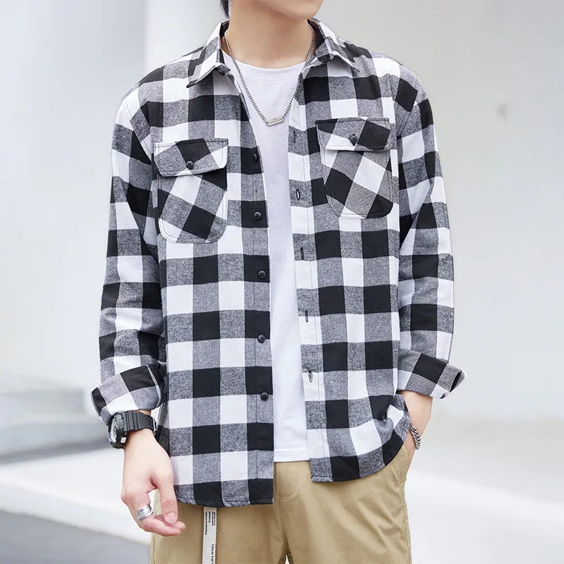 Shirt Men's Casual Korean Version Simplicity Youth Plaid Long Sleeve Square Collar All-match Harajuku Popular Fashion Loosen