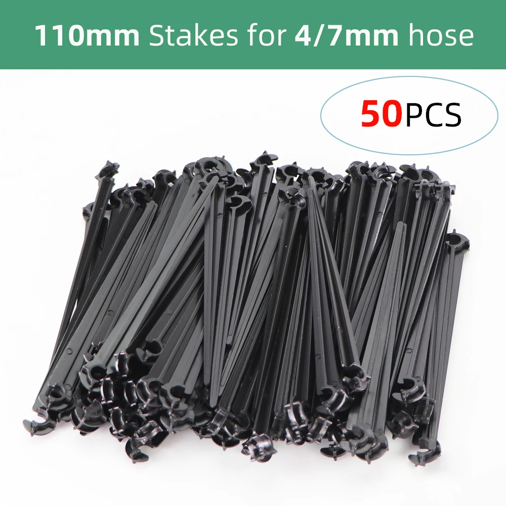 50PCS Garden Irrigation 11&20cm 1/4\'\' Fixed Stake Support Holder 4/7mm Hose Pipe DrIp Fitting Tee Elbow Cross Coupling Connector