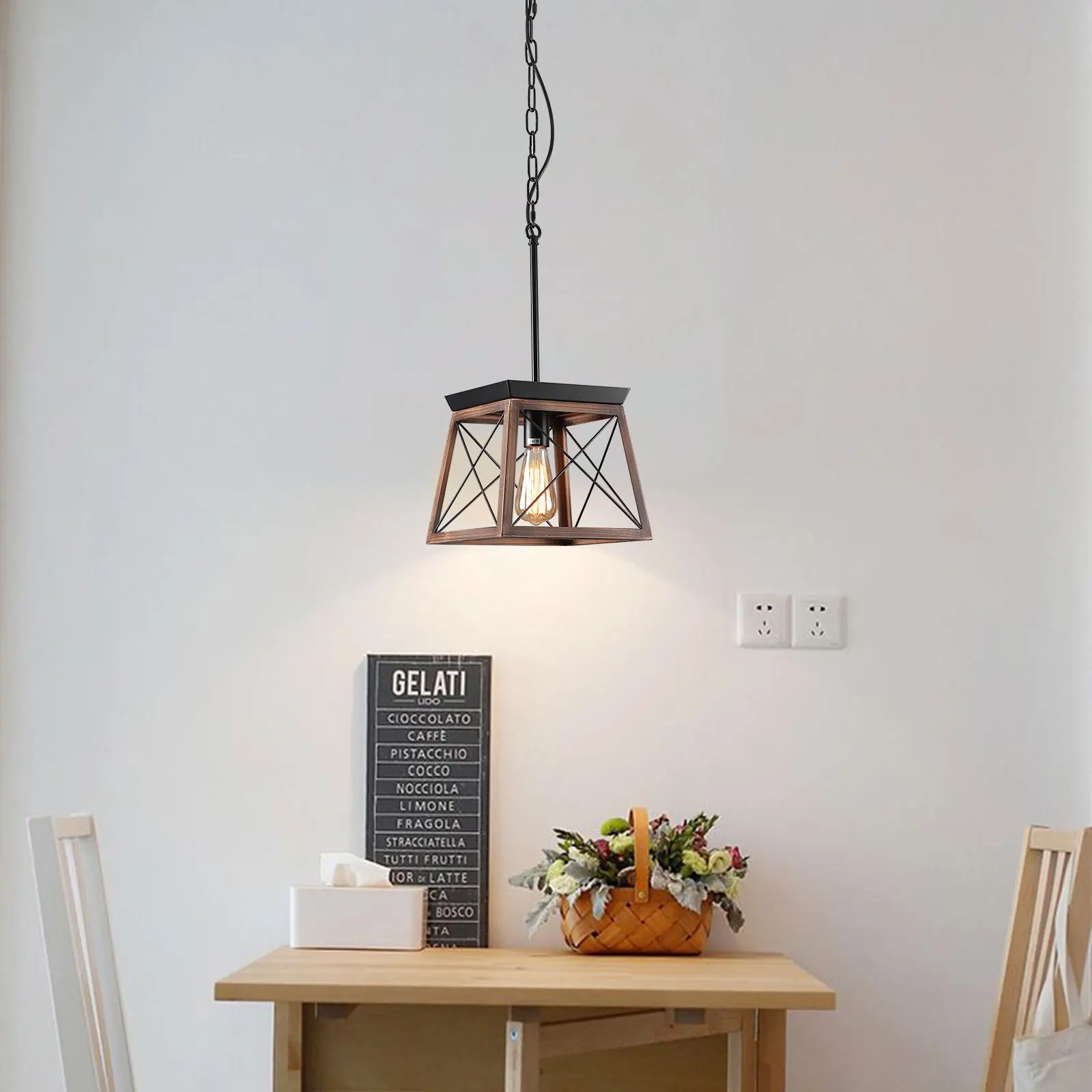 OUKANING Kitchen Island Chandelier Adjustable Height Vintage Square Cage Hanging Light Wooden Pendant Lamp Fixture for Decor