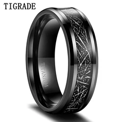 TIGRADE Mens 8mm Black Titanium Rings Beveled Edges Wedding Band Black Sandstone/ Black silk Stickers Inlay Size 7-13