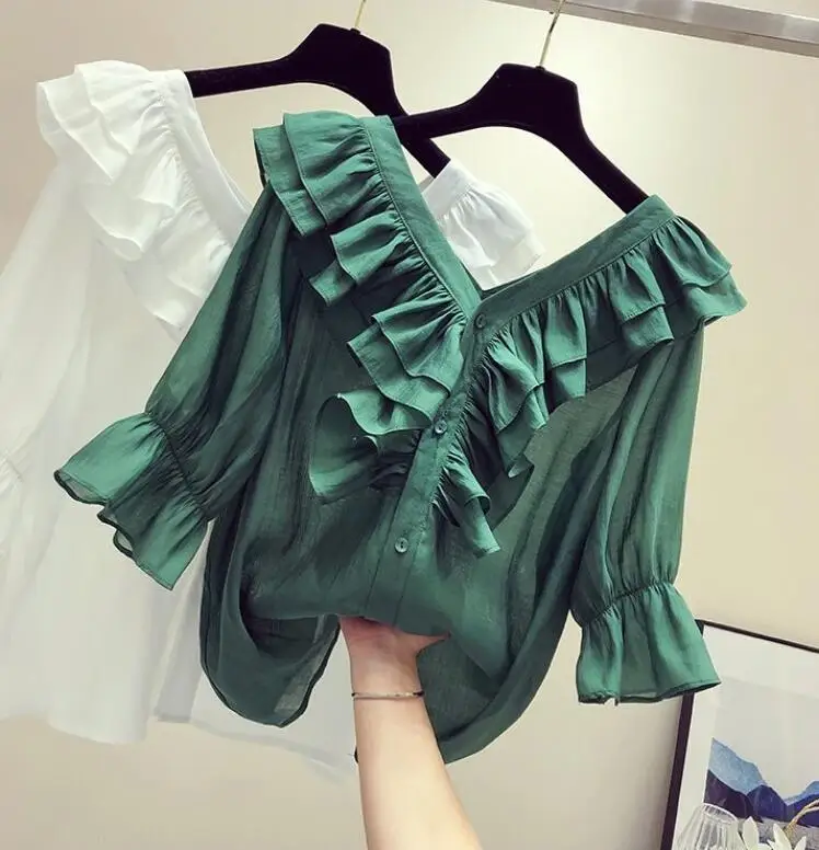 2020 Summer New Sweet Style Solid Color V-neck Half-sleeved Ruffles Women Blouse Fashion Trend Shirt Elegant Chiffon Blouses