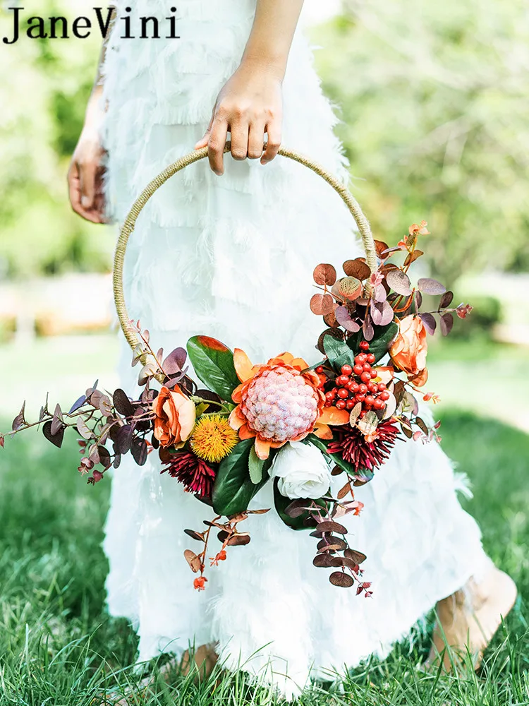 

JaneVini Artificial Flower Wreath Vintage Autumn Elgant Bridal Bouquets Wedding Flowers Bride Portable Round Garland fleurs rose