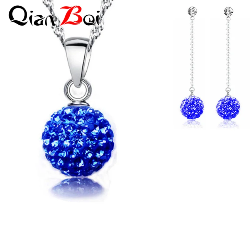 QianBei New Arrival13 Color 10MM Pendant Necklace Earrings Ball Crystal Earring Necklace Set For Women Fashion Jewelry Gifts