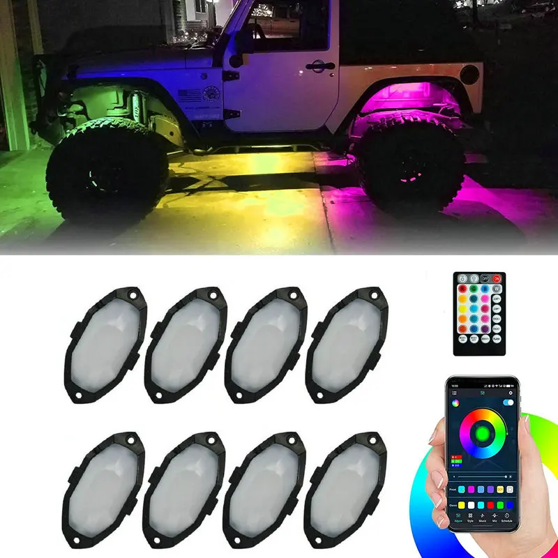 RGB LED Rock Light Multicolor Chasing Neon Underglow Lighting Kit APP&RF&Sound Control Offroad Jeep Car Truck Boat trail Rig