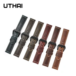 UTHAI Z51 Genuine Leather Strap Buckle 18/20/22/24/26mm Oil Wax Vintage Watchbands Switch Ears Black Dark Brown Bracelet + Tool