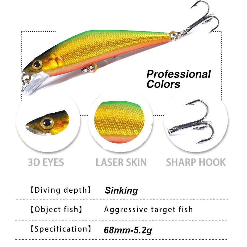 WESTBASS 1PX Micro Minnow Lure 68mm-5.2g Sinking Fishing Bait Shore Casting Wobbler Artificial Hard Swimbait Bass Jerkbait Pesca