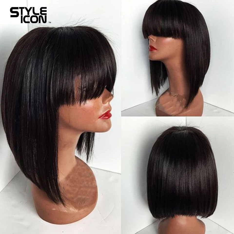 Styleicon-Perruque brésilienne droite avec frange pour femmes noires, cheveux humains Remy, coupe Pixie, fabriquée à la machine