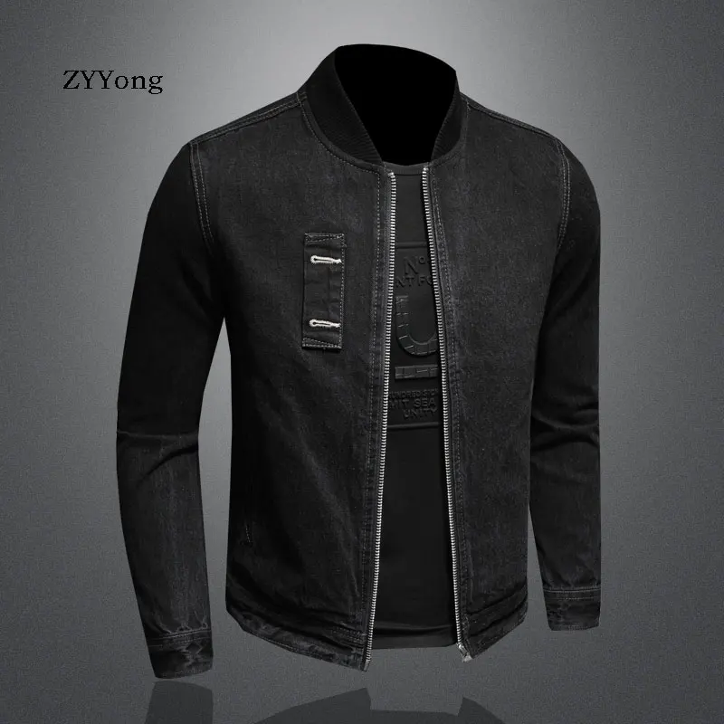 Retro European Style Stand Collar Bomber Pilot Black Denim Jacket Men Jeans Coats Motorcycle Casual Outwear Clothing Overcoat