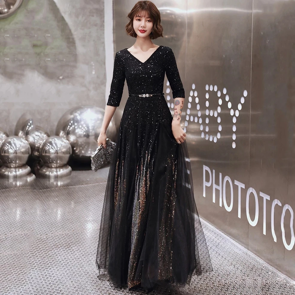 Weiyin AE0578 Gaun Malam Biru Navy Gaun Prom Pesta Formal Wanita Panjang Tulle A-line Kecil Elegan Berkilau Leher-v Payet