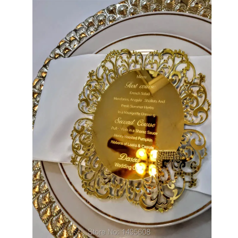 Mirror Gold wedding menu, Laser Cut Modern Style Wedding invitation ,Personalize wedding menu for guests, Mirror gold table menu