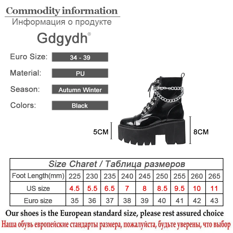 Gdgydh Patent Leather Gothic Black Boots Women Heel Sexy Chain Chunky Heel Platform Boots Female Punk Style Ankle Boots Zipper