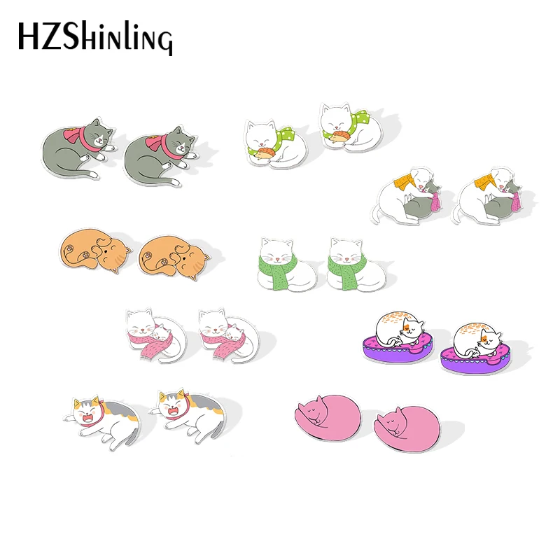 2019 New Cartoon Sleepy Cat Resin Earrings Funny Cats Earrings Gilfts Women Epoxy Stud Earring