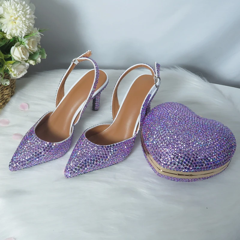 LoveinCrystal Bridal Wedding Shoes And Heart Bag Pointed Toe Girl Party Dress Thin Heels Women\'s Lavender Purple Sandals