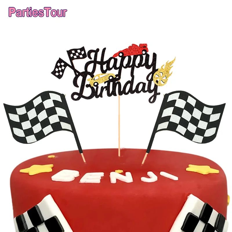 1Set Happy Birthday Car Cake Topper Boy Car Theme Party Decoration Birthday Supplies Chequered Cake Flag Baby Shower Favors