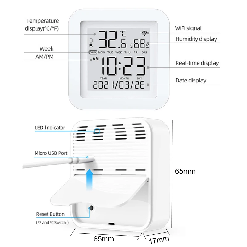 Sensor de temperatura y humedad para interiores, higrómetro, termómetro con pantalla LCD de fecha, Smart Home, Tuya, WIFI, Alexa y Google Home