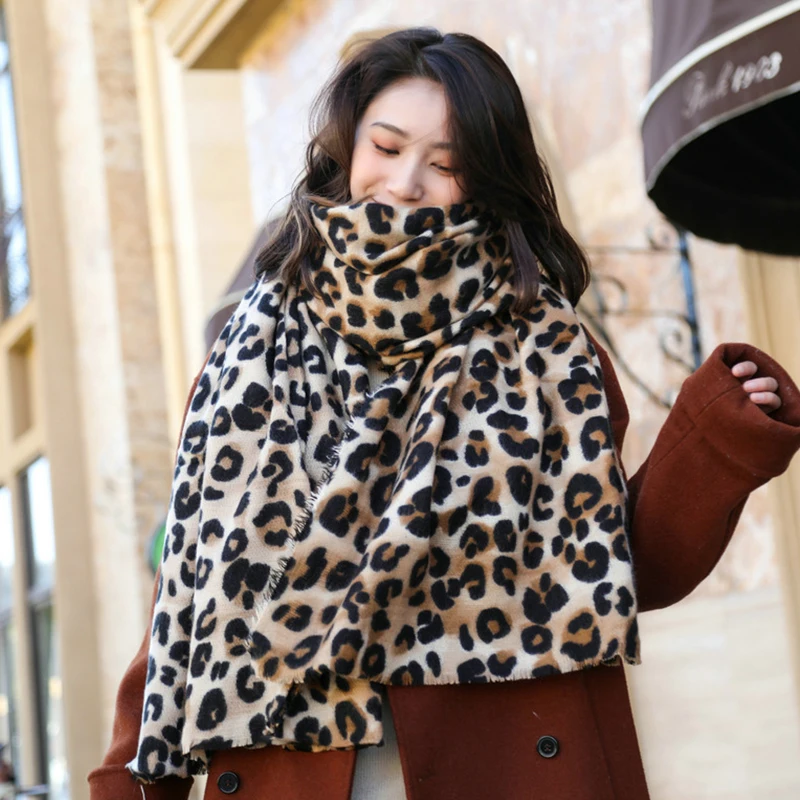 Fashion Imitation Cashmere Women Vintage Double Sided Leopard Scarf Winter Warm Shawl Long Wrap Knitted Female Thick Blanket