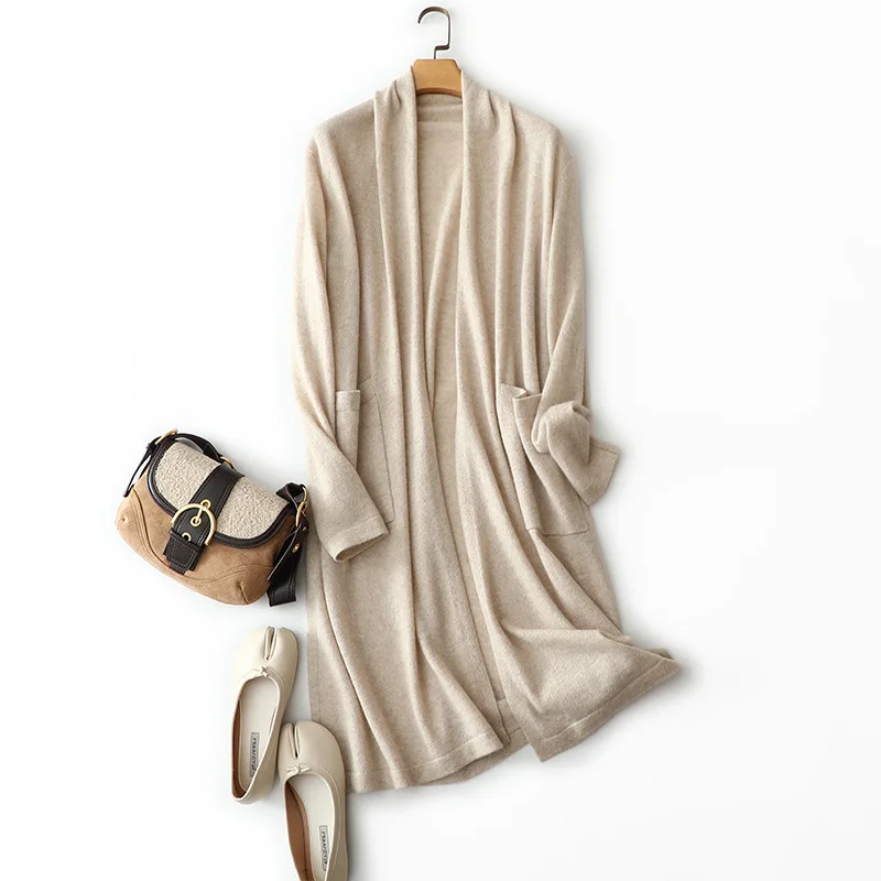 

high-end 100% cashmere open cardigan long women knitted fashion winter outerwear pocket oversized v neck thick sweater coat